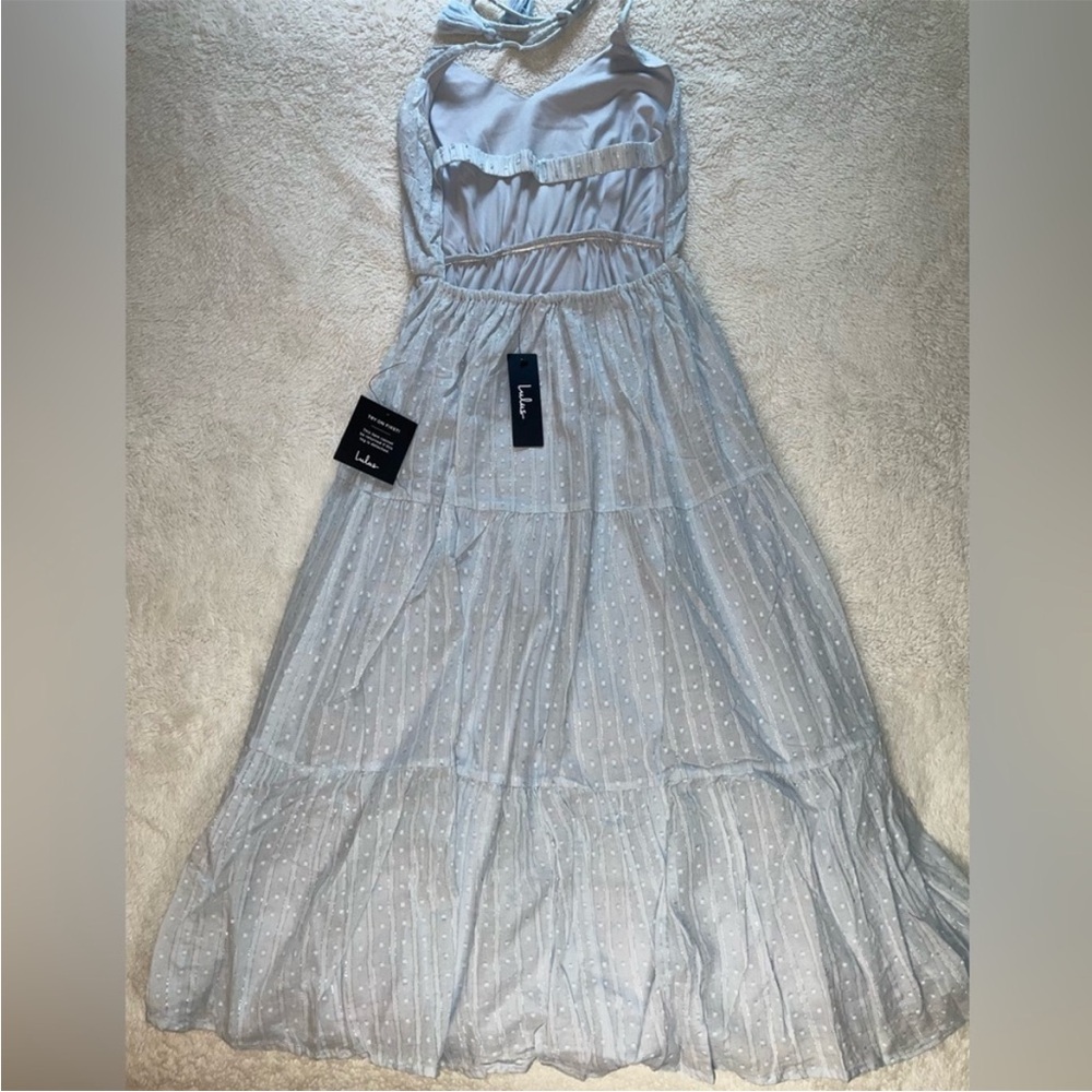 Lulus Sunny Reverie Light Blue Swiss Dot Lurex Halter Midi Dress - Picture 8 of 9